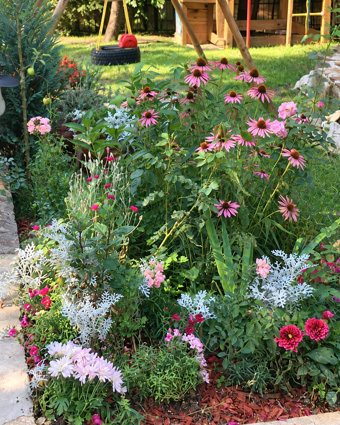 Pink echinacea in the flower bed in the garden in Bran, Romania